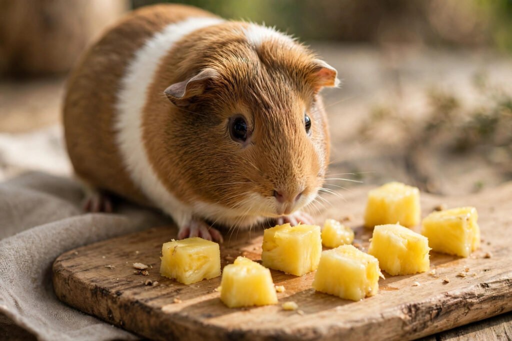 Can guinea pigs eat pineapple? A brown-and-white guinea pig sniffing fresh pineapple chunks on a board