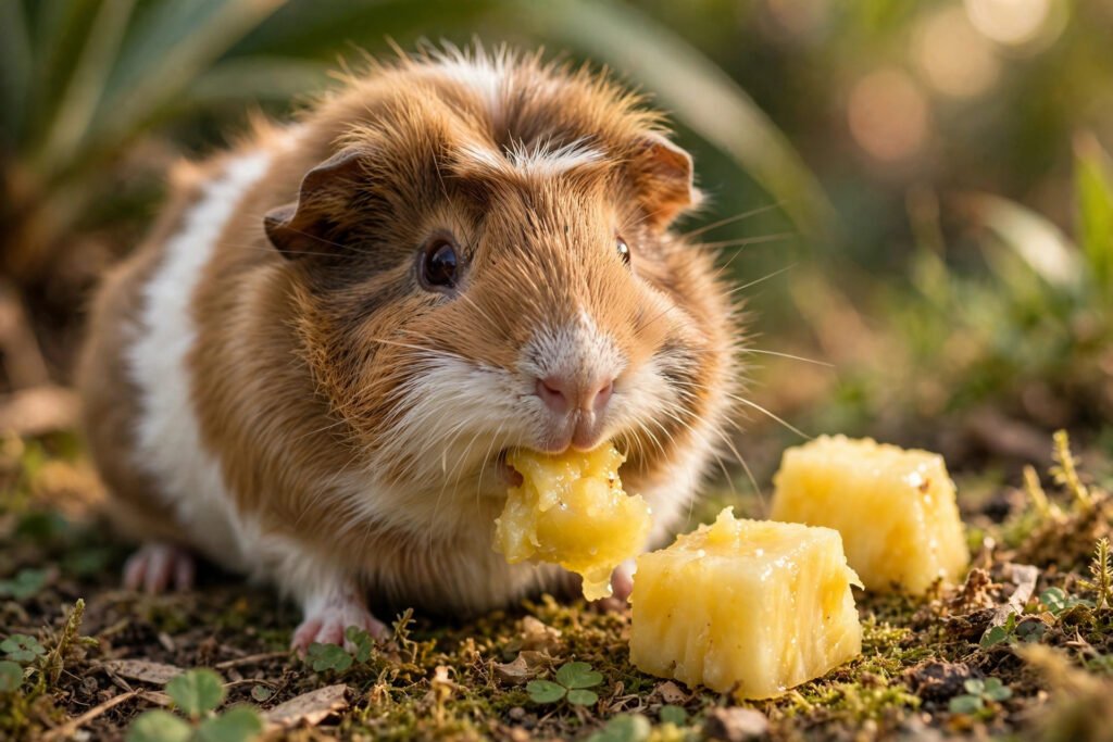 Close-up of a guinea pig nibbling a small pineapple chunk treat.