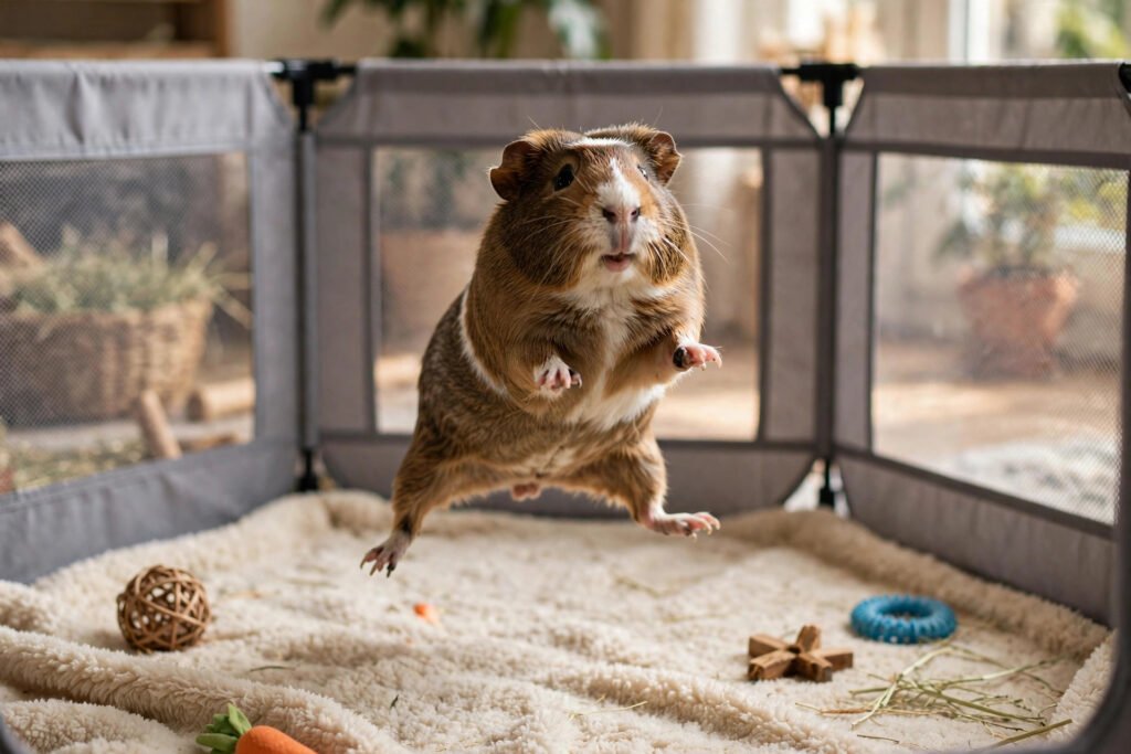 Guinea pig exercise and playtime: a happy guinea pig popcorning mid-jump inside a large playpen
