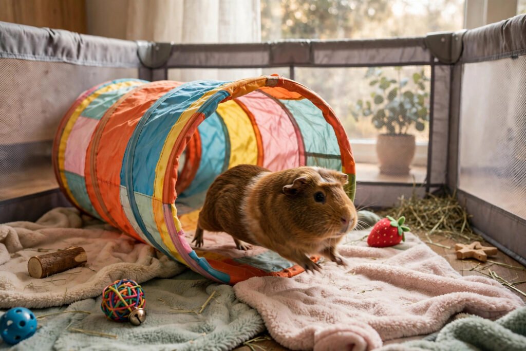 Guinea pig dashing through a colorful play tunnel during playtime.