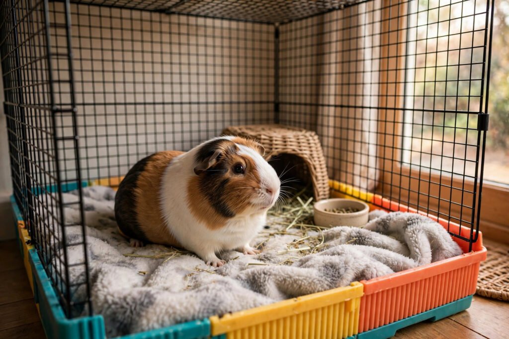 Guinea pig indoor vs outdoor housing: a guinea pig resting on fleece bedding inside a spacious indoor C&C grid cage