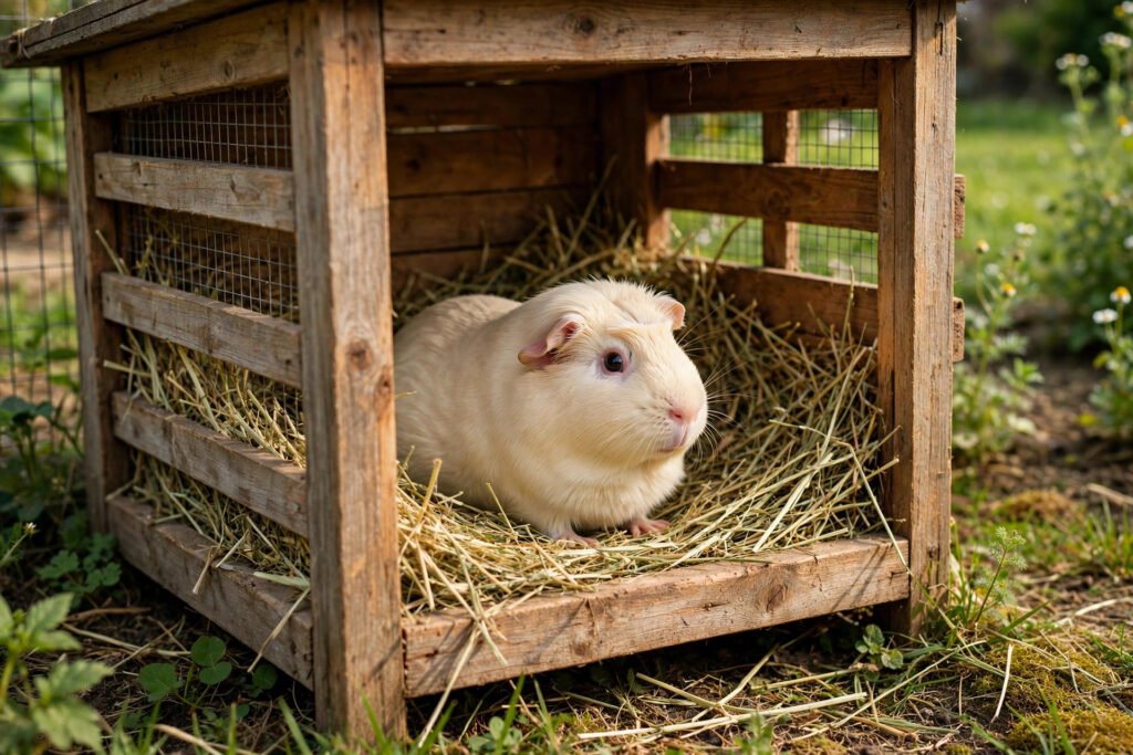 Cream guinea pig inside an outdoor wooden hutch filled with fresh hay.