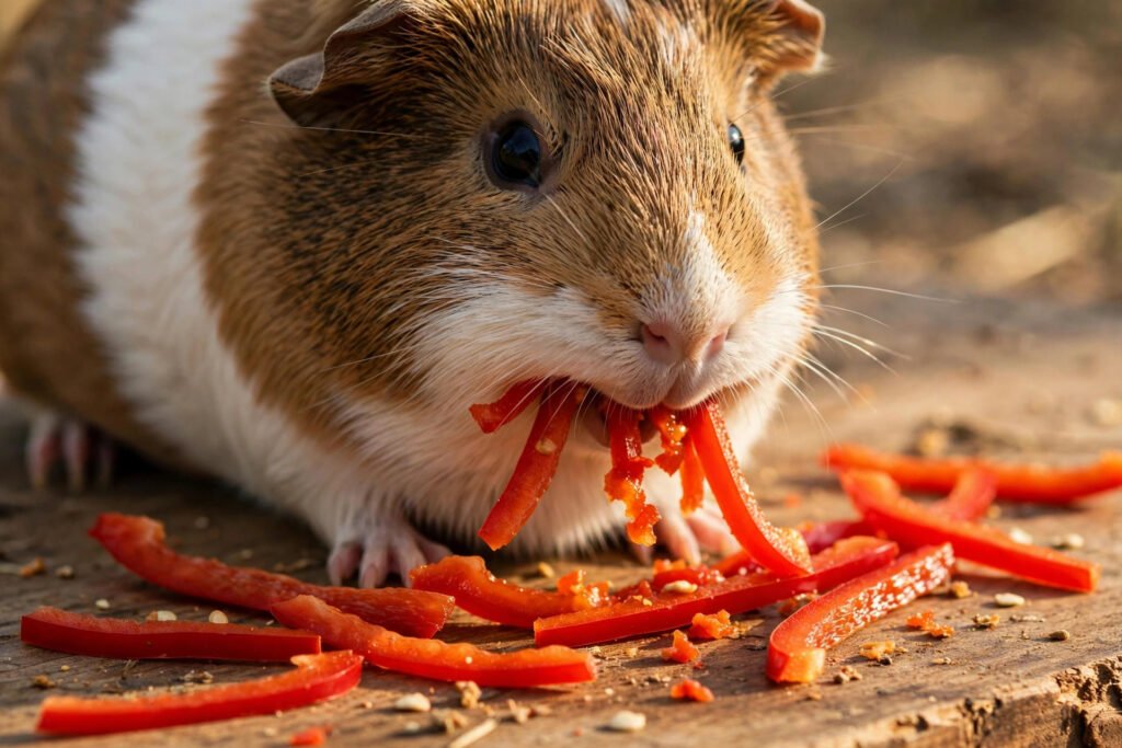 Guinea pig vitamin C requirement: a guinea pig munching fresh red bell pepper strips on a wooden surface