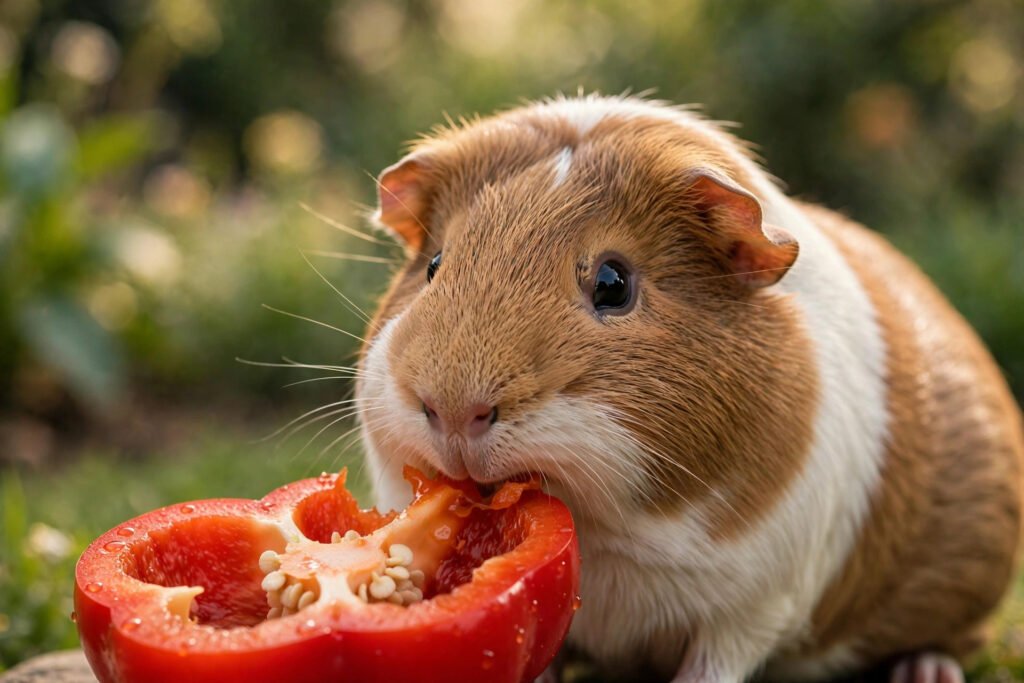 Guinea pig nibbling a slice of red bell pepper in soft daylight.