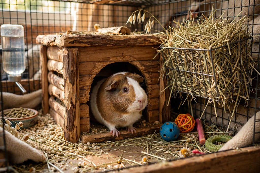 Guinea pig peeking from a wooden hideout beside hay rack and toys.