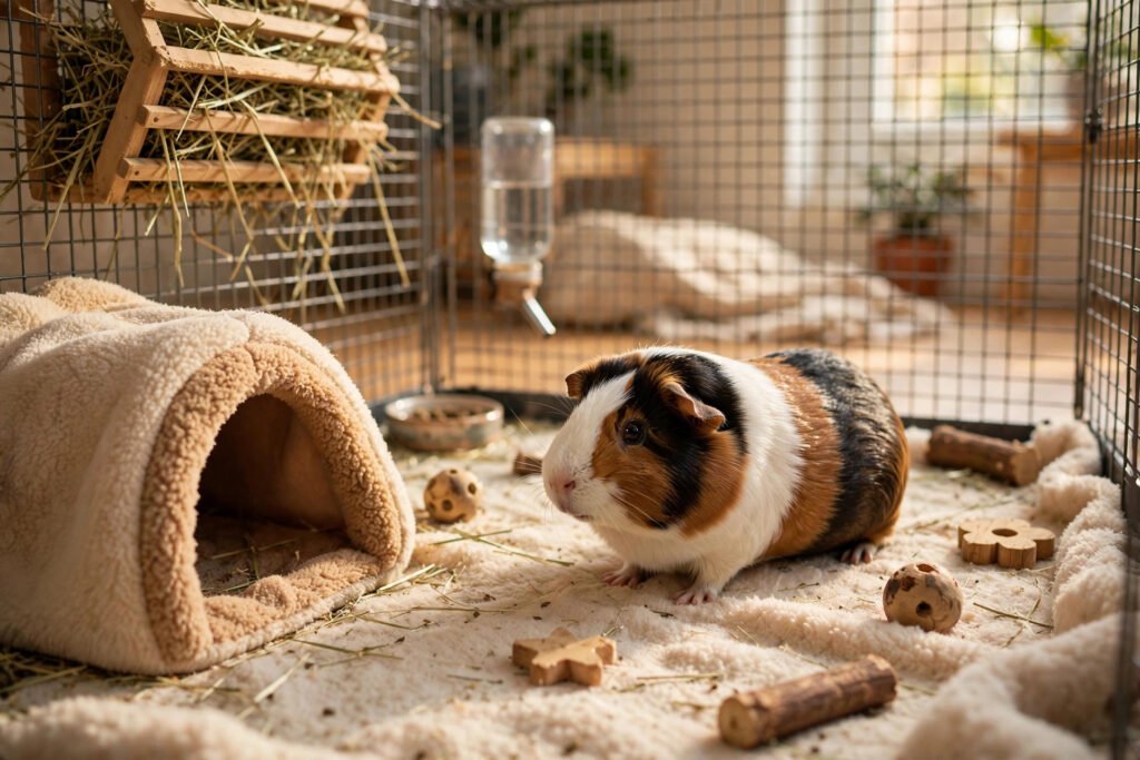 Tri-color guinea pig exploring a cage with fleece tunnel and chew toys.