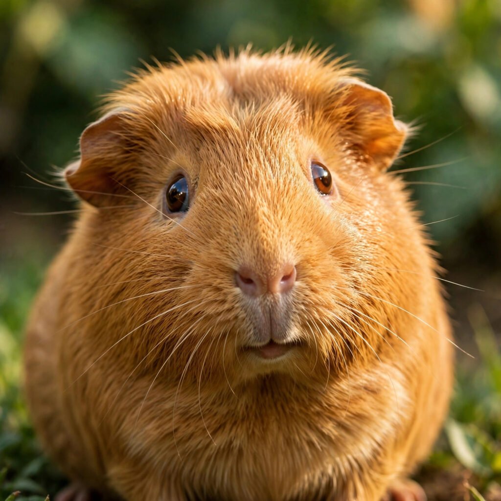 Close-up of a curious golden-brown guinea pig gazing at the camera.