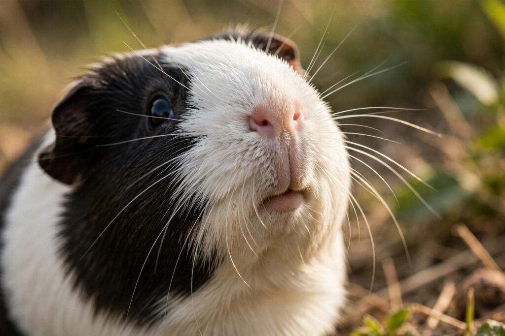 Black-and-white guinea pig sniffing upward with a curious, alert pose.