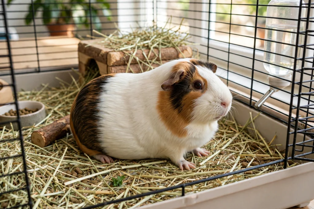 Do guinea pigs fart? Guinea pig with a healthy full belly in a clean cage with fresh hay