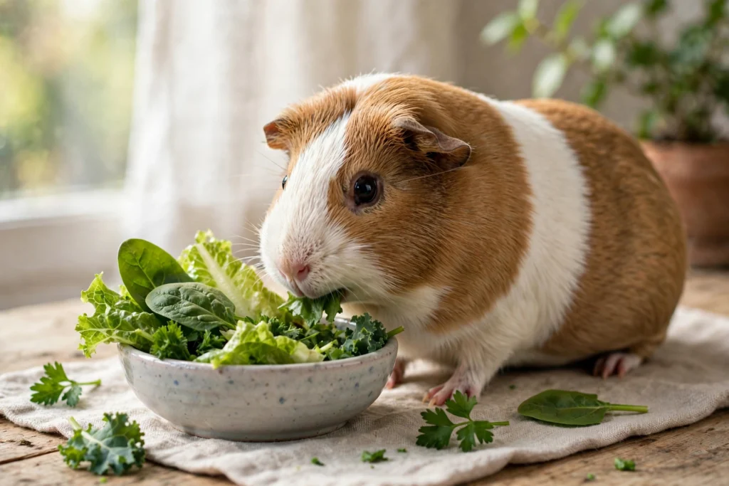 Guinea pig eating leafy green vegetables from a small bowl
