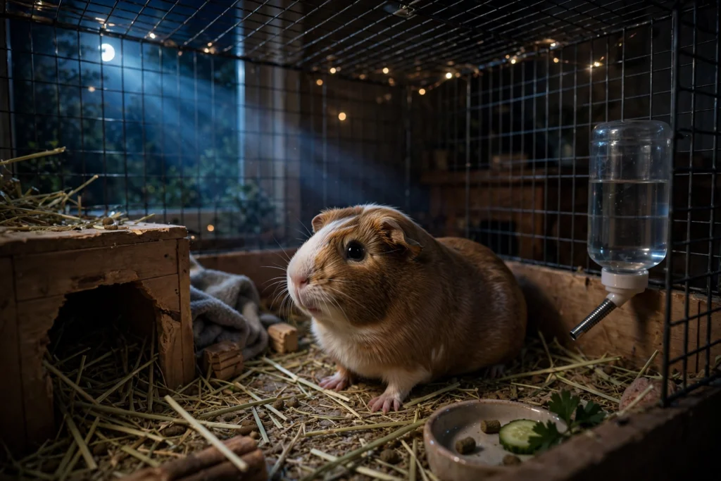 Guinea pig awake at night in a softly lit cage
