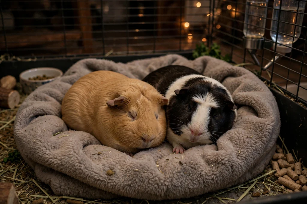 Two guinea pigs sleeping side by side in a cozy fleece bed