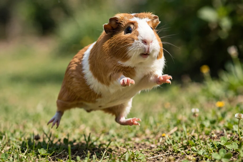 Guinea pig popcorning mid-hop, joyful and playful