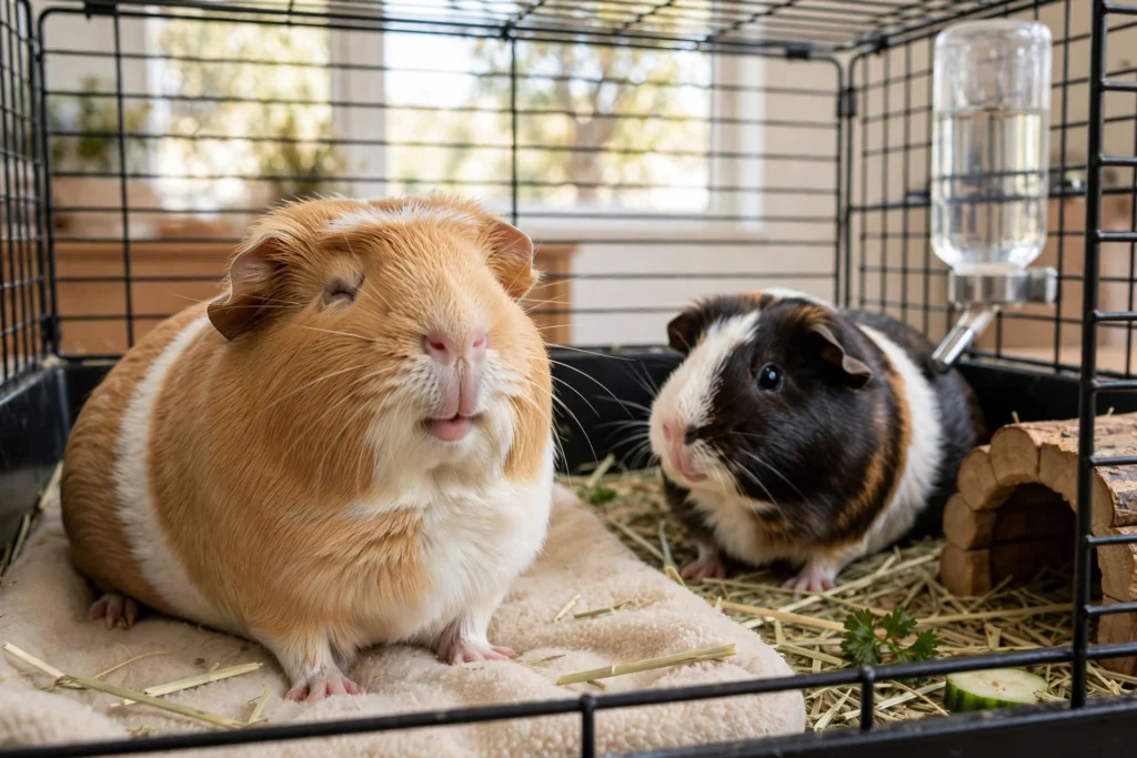 Guinea pig rumbling happily with another guinea pig nearby