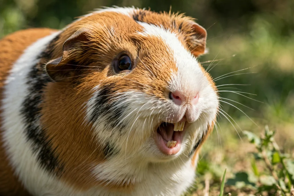 Close-up of a guinea pig chattering its teeth