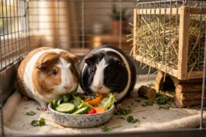 Two guinea pigs eating fresh vegetables from a bowl with timothy hay in a cage