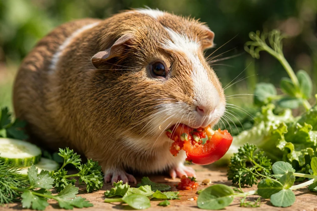 Guinea pig munching on a red bell pepper with fresh vegetables