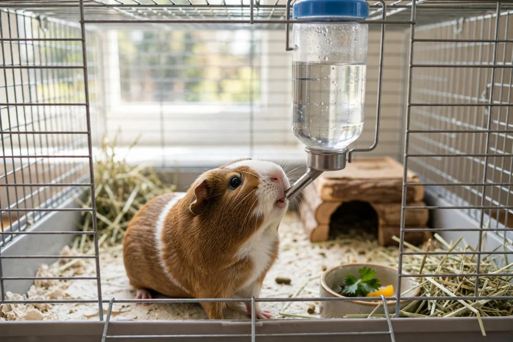 Guinea pig drinking fresh water from a hanging water bottle in a clean cage