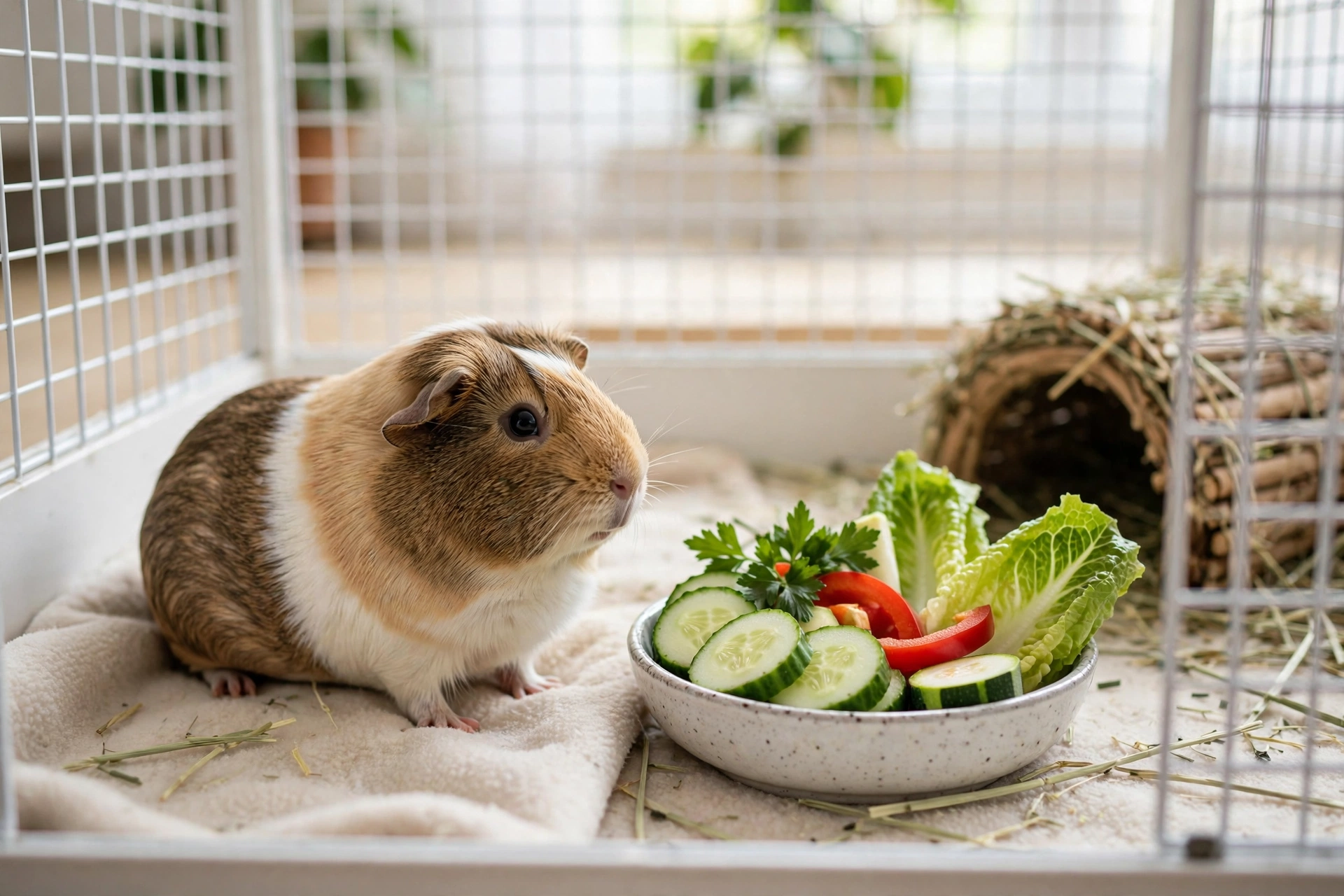 Guinea pig sitting next to a bowl of fresh safe vegetables in a bright enclosure