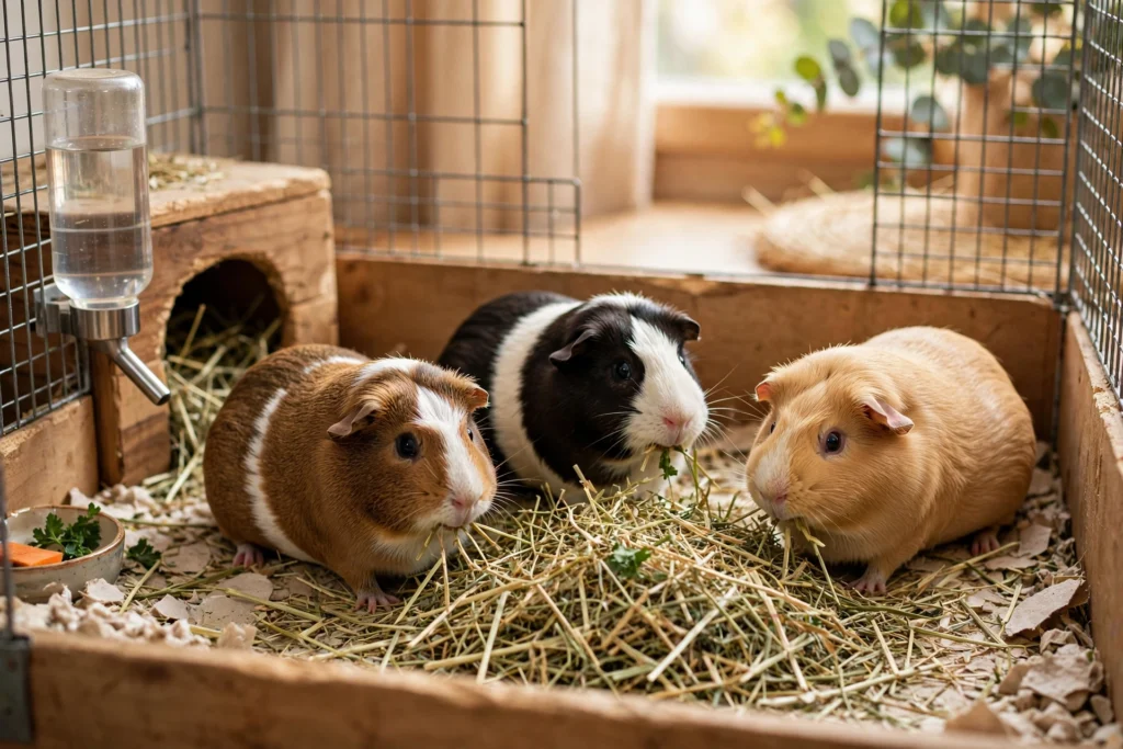 Guinea pigs eating fresh timothy hay from a pile in a clean cage