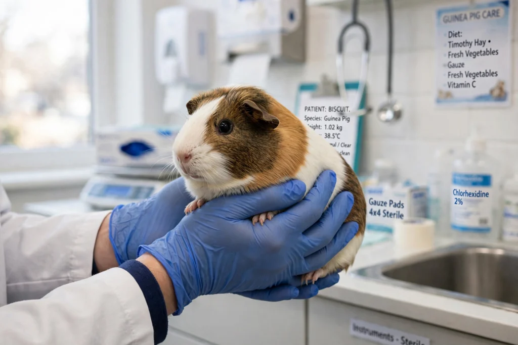 Guinea pig being gently held by a veterinarian during a health check