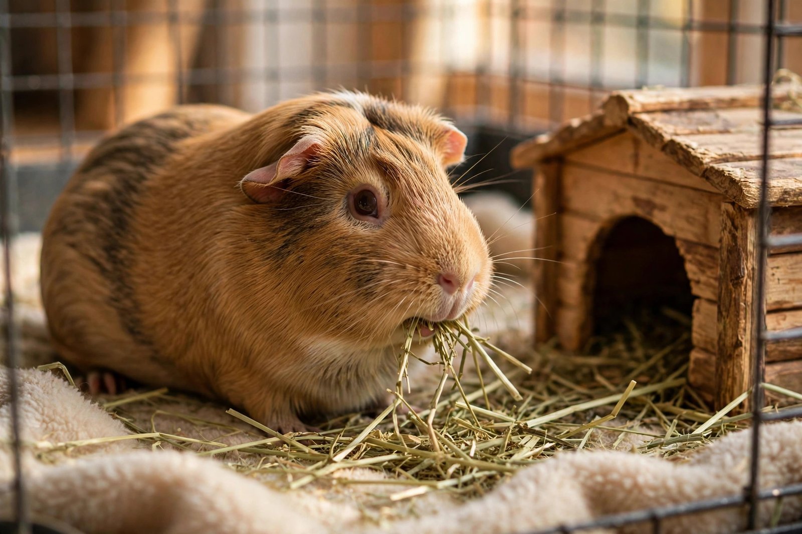 Close-up of a real guinea pig munching hay next to a wooden hideout inside a roomy cage