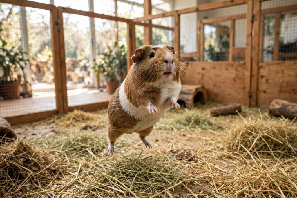 Happy real guinea pig popcorning and playing inside a large indoor enclosure