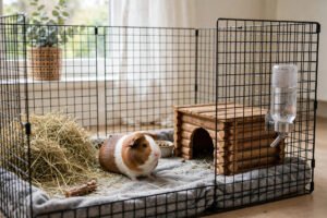 Spacious C&C-style guinea pig cage setup with a real guinea pig sitting inside near fresh hay in a bright room