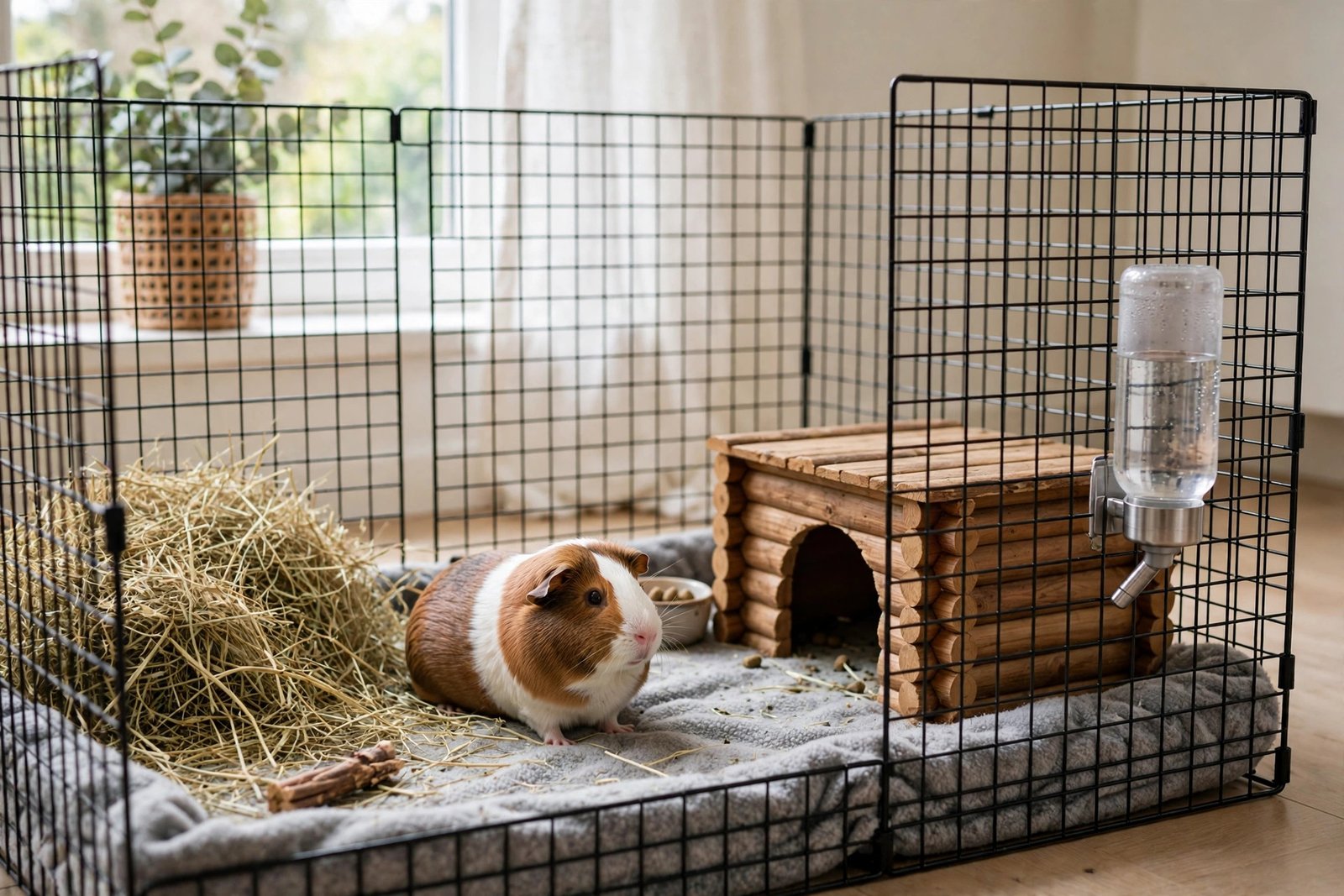 Spacious C&C-style guinea pig cage setup with a real guinea pig sitting inside near fresh hay in a bright room