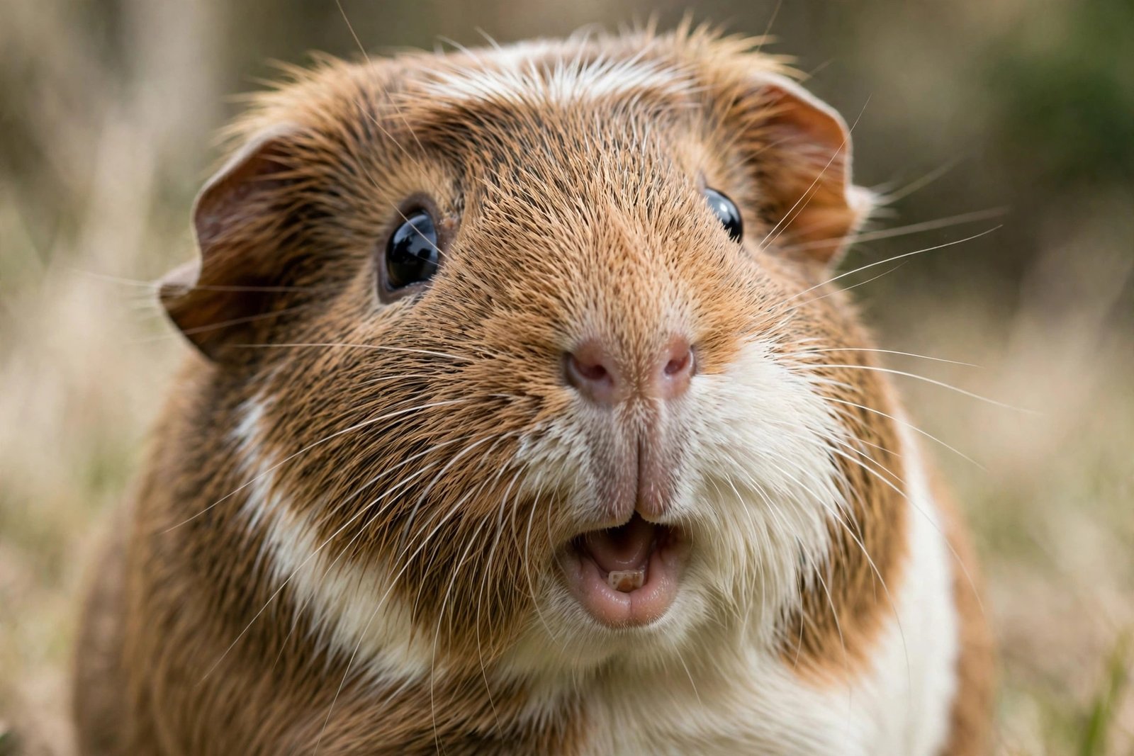 Close-up of a real guinea pig's face with its mouth open mid-vocalization, curious expression