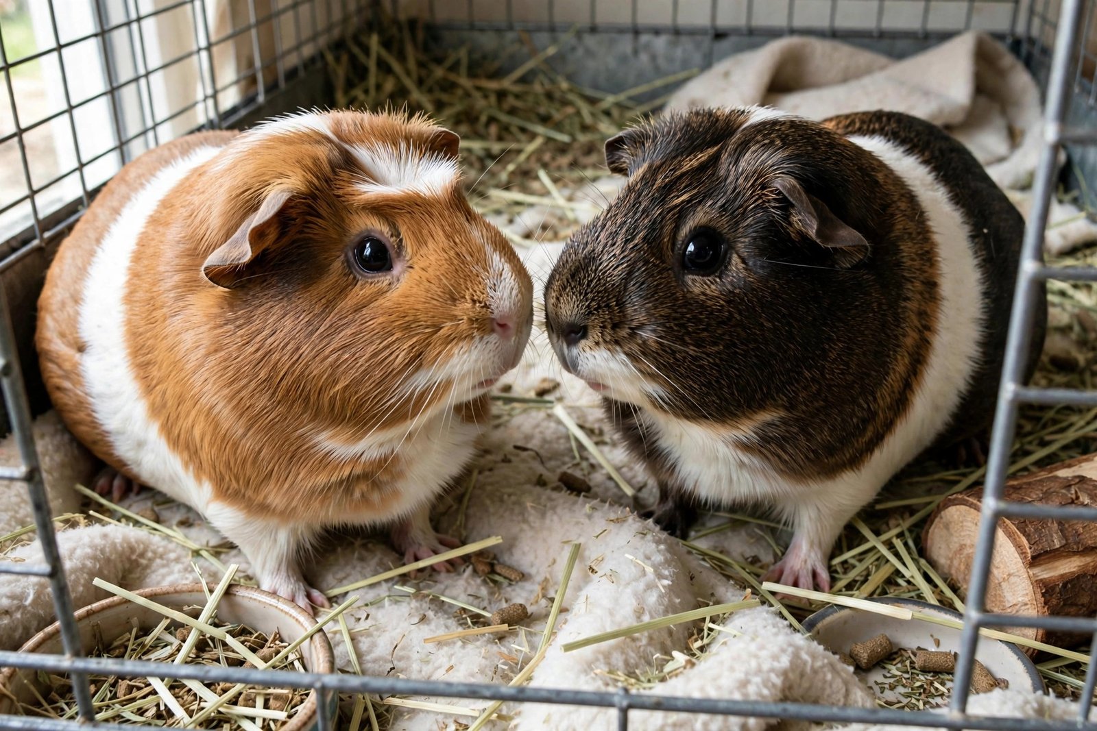 Two real guinea pigs nose to nose inside a cage with hay and food bowls