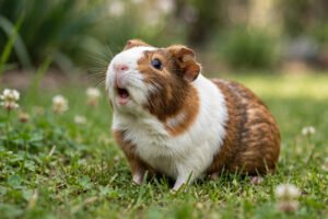 A real brown-and-white guinea pig wheeking with its mouth open on green grass