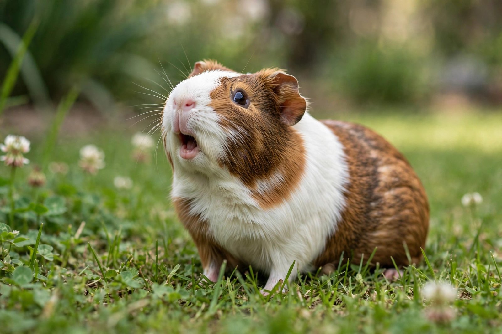 A real brown-and-white guinea pig wheeking with its mouth open on green grass