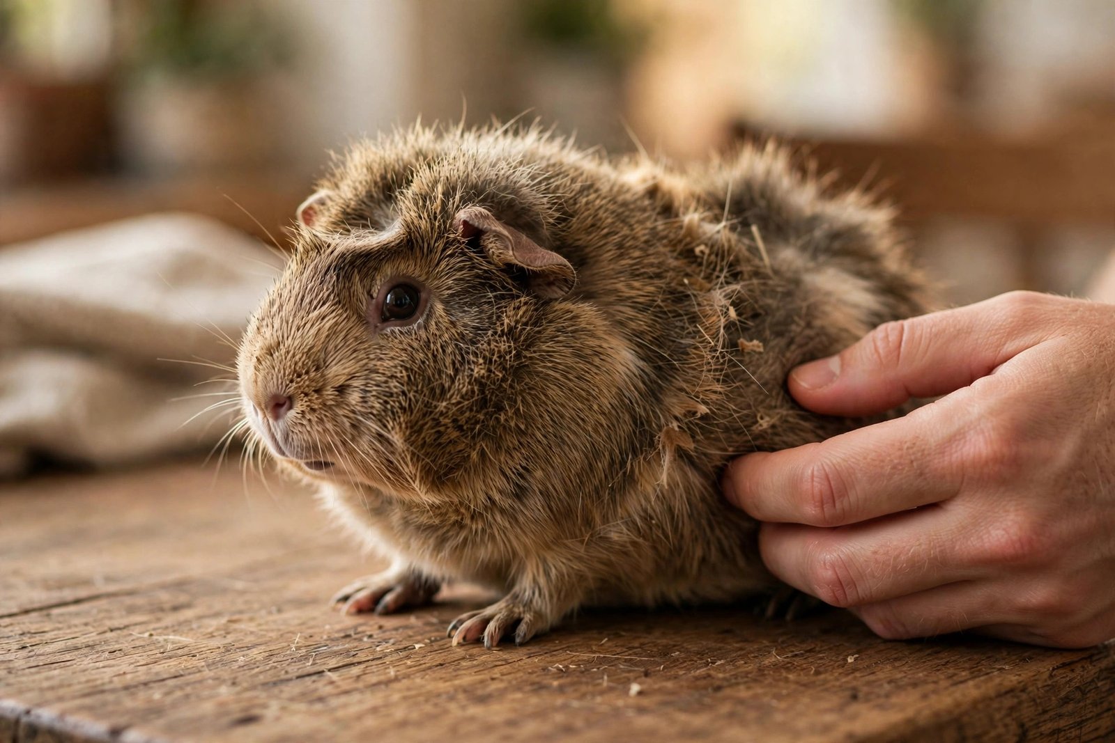 Guinea pig with a slightly dull coat being gently checked by an owner for signs of illness