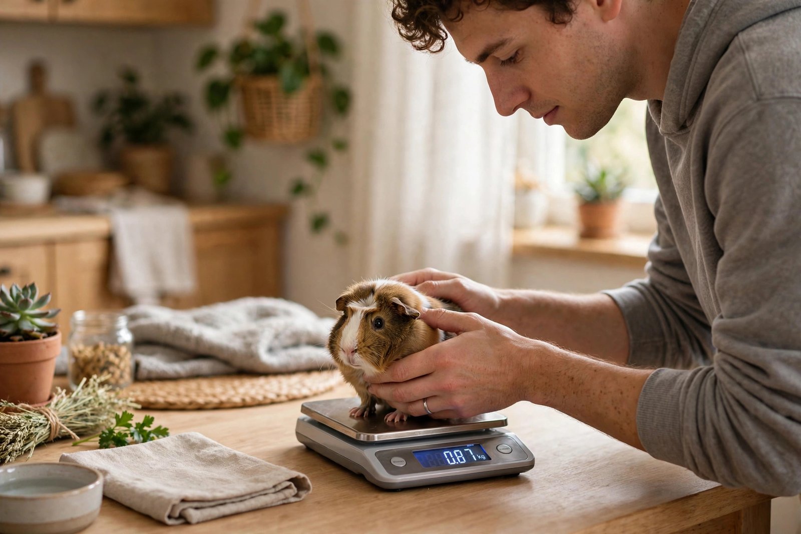 Owner weighing a guinea pig on a digital kitchen scale to monitor its health
