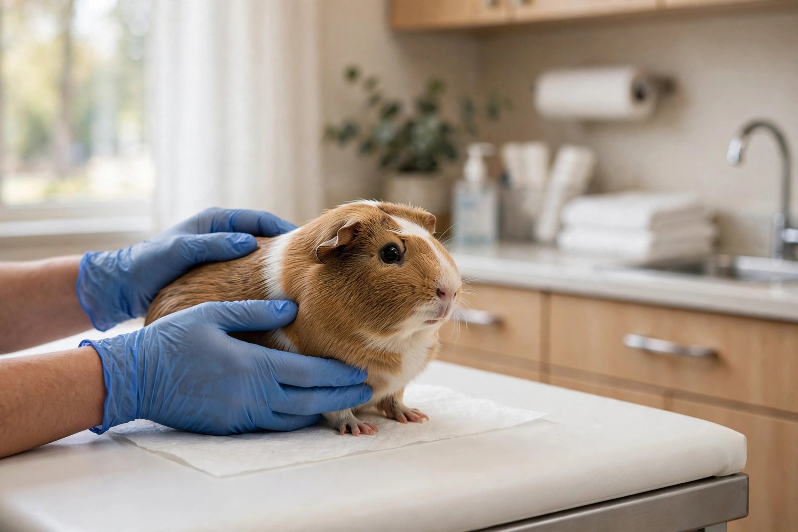 A calm guinea pig being gently examined on a vet table by gloved hands during a health check