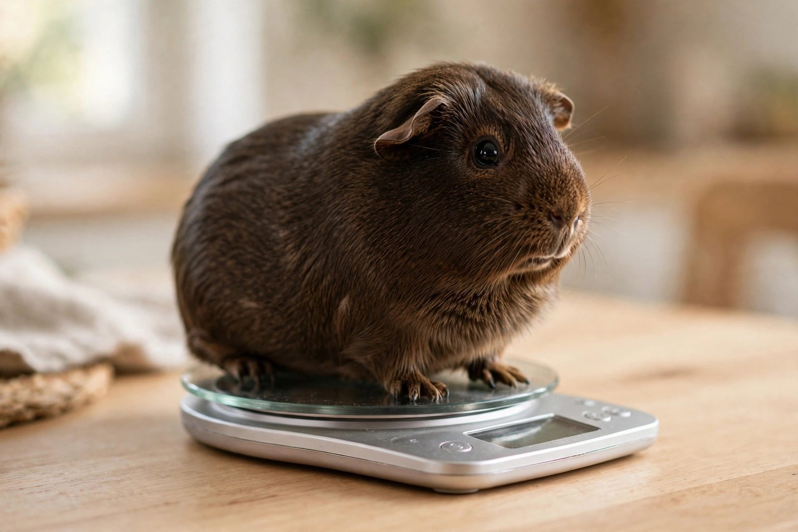 Real guinea pig standing on a small digital kitchen scale for health monitoring