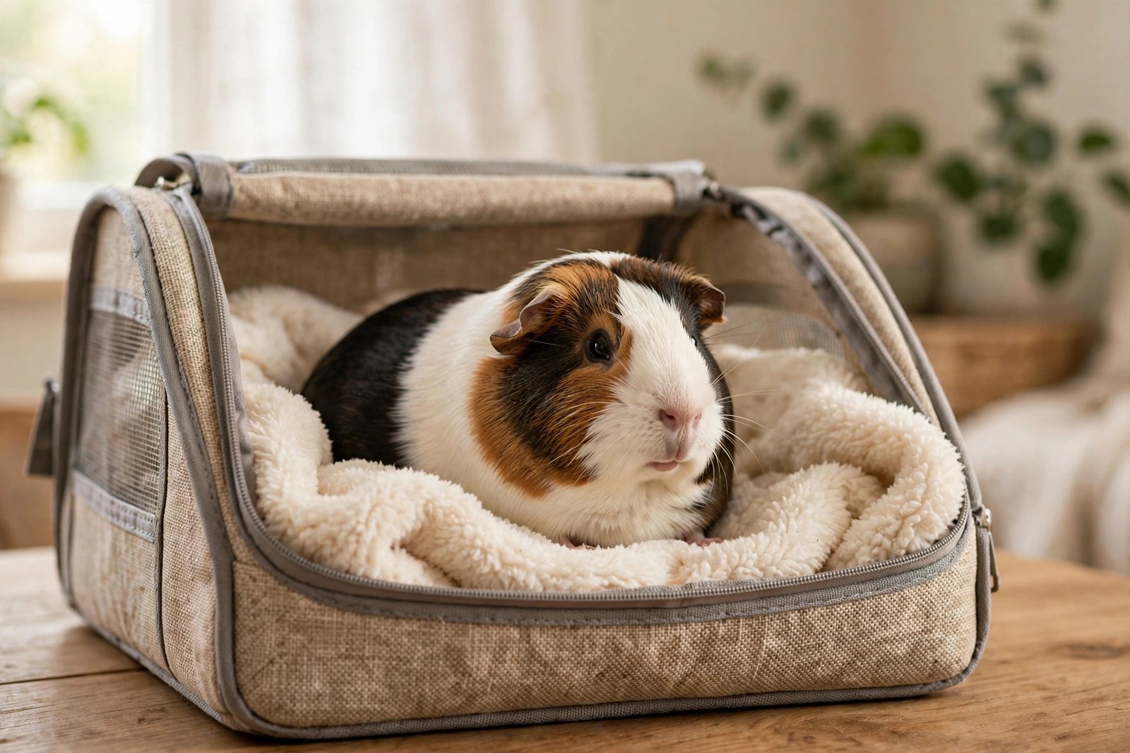 Real guinea pig resting in a cosy fleece-lined pet carrier ready for a vet visit