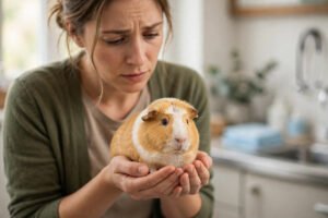 Concerned owner gently holding a real guinea pig in a bright, warm veterinary clinic setting