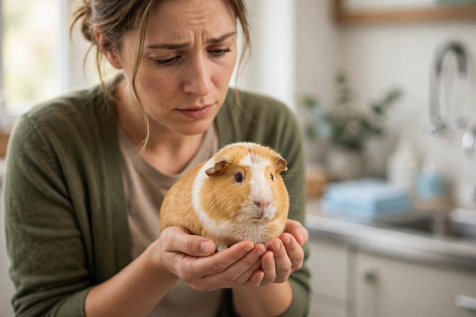 Concerned owner gently holding a real guinea pig in a bright, warm veterinary clinic setting