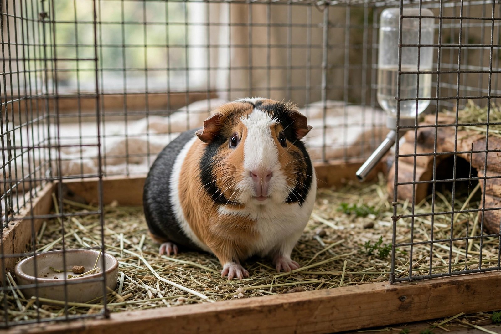A single guinea pig sitting alone in its cage looking at the camera.