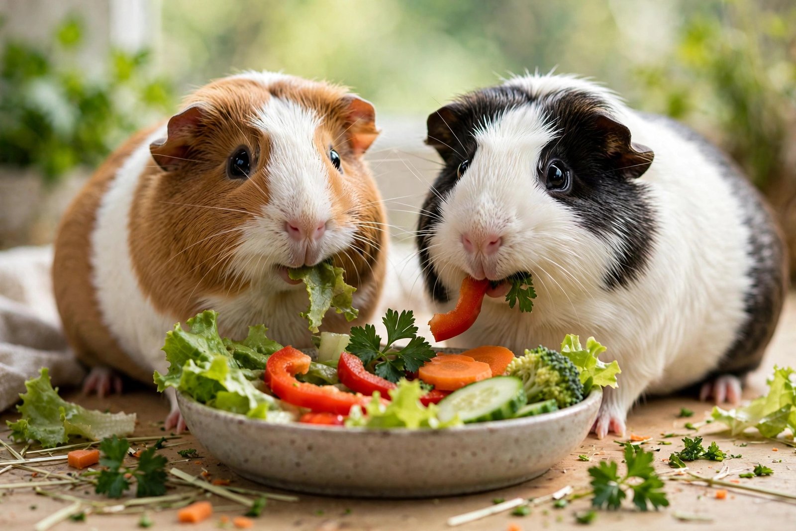 Two happy guinea pigs eating fresh vegetables together from a bowl.