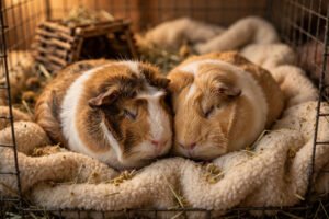 Two guinea pigs cuddling together in a fleece-lined cage.