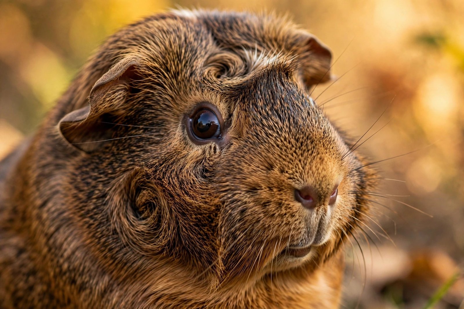 Close-up of an Abyssinian guinea pig showing its signature rosette fur swirls.