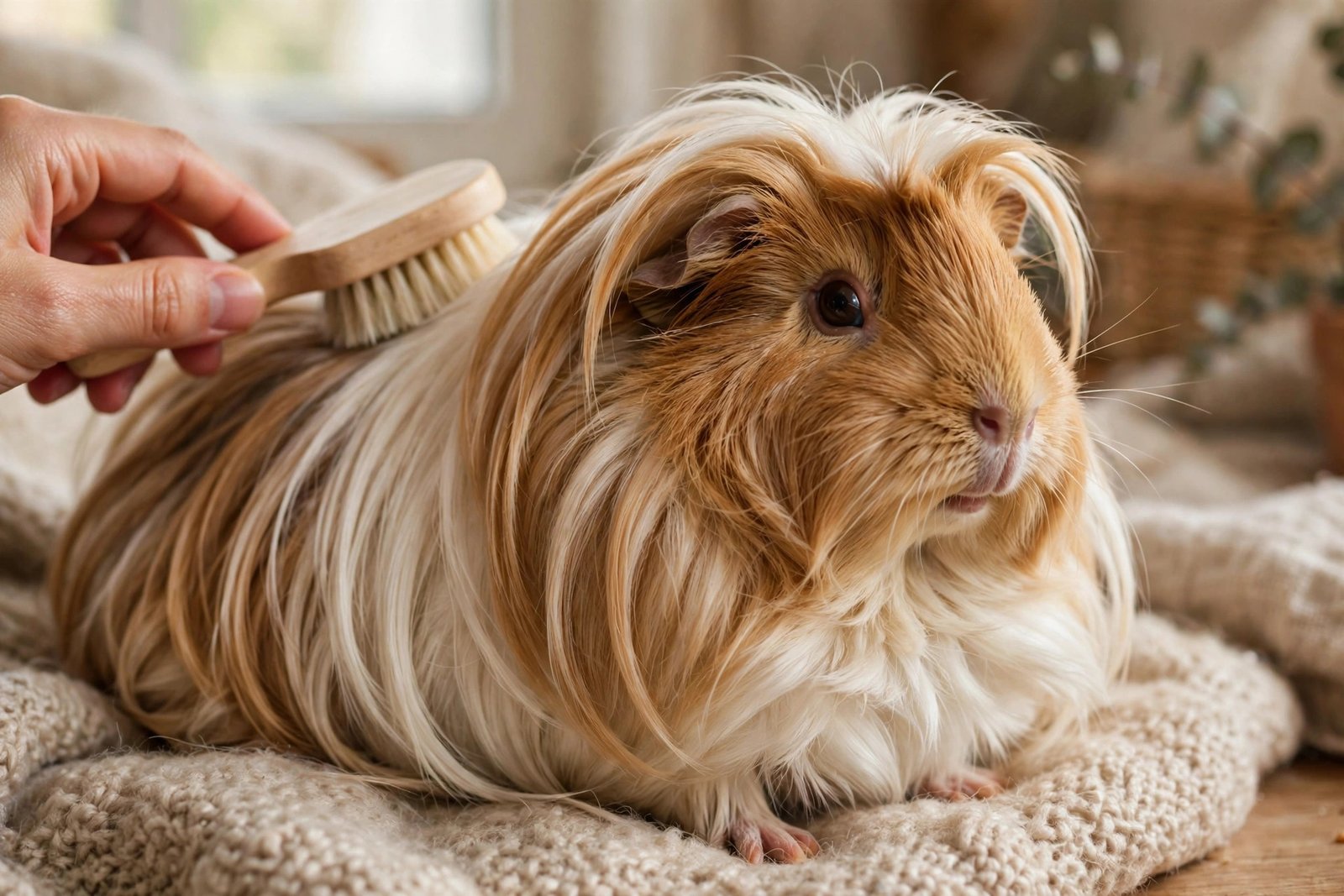 Long-haired Silkie guinea pig being gently brushed with a soft brush.