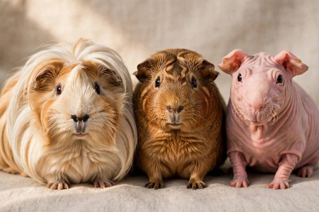 Three guinea pigs of different breeds — long-haired Peruvian, rosetted Abyssinian and hairless Skinny Pig — sitting together.