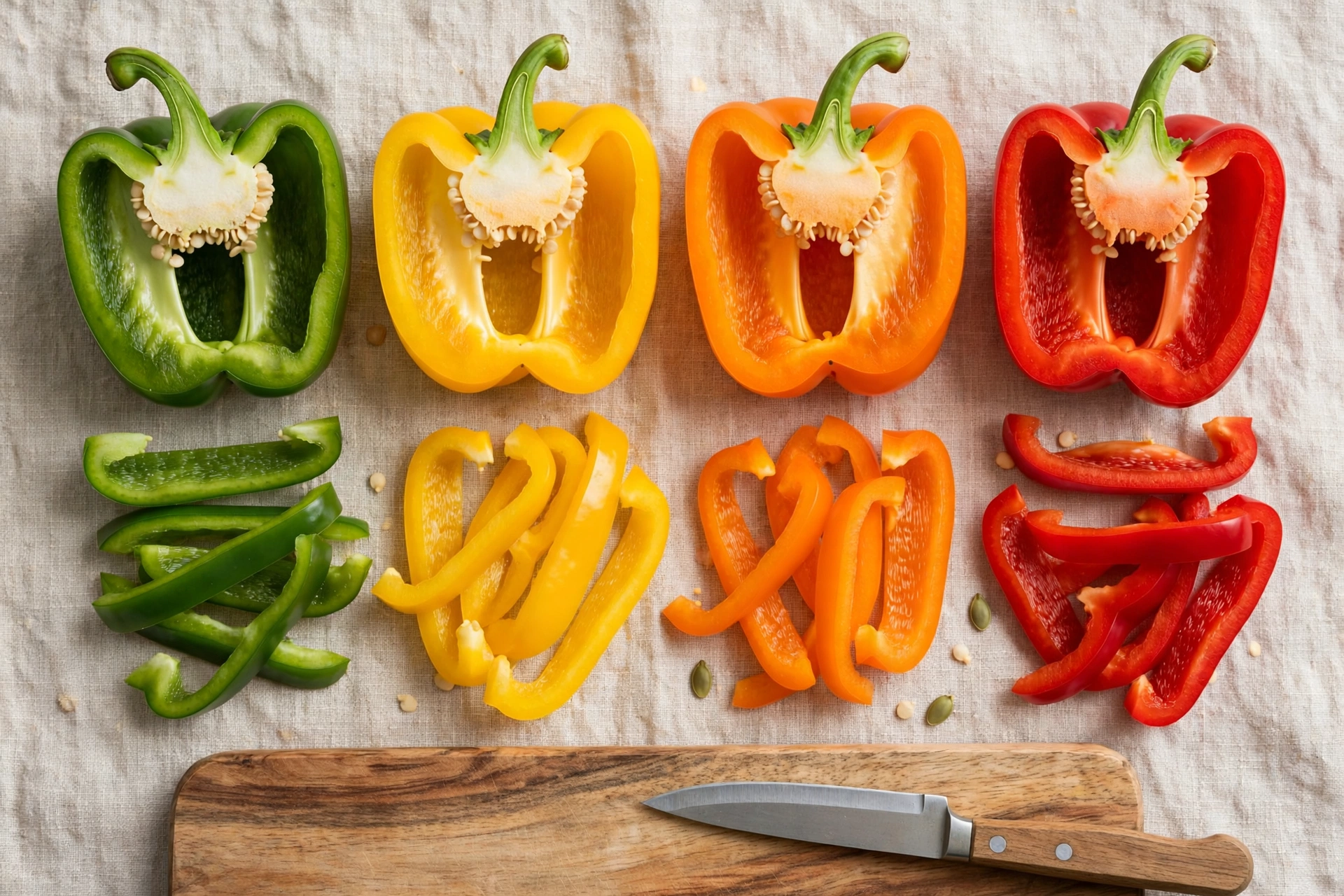 Green, yellow, orange and red bell peppers cut into guinea-pig-sized strips.