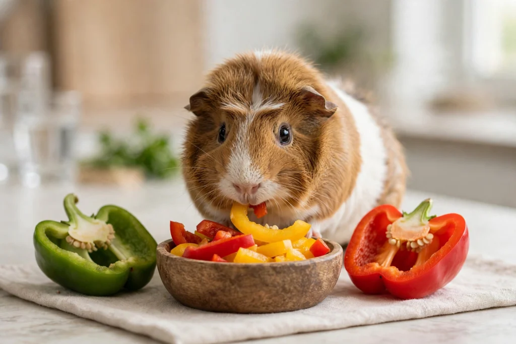 A guinea pig munching on a slice of red bell pepper next to colourful pepper halves.