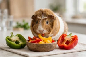 A guinea pig munching on a slice of red bell pepper next to colourful pepper halves.