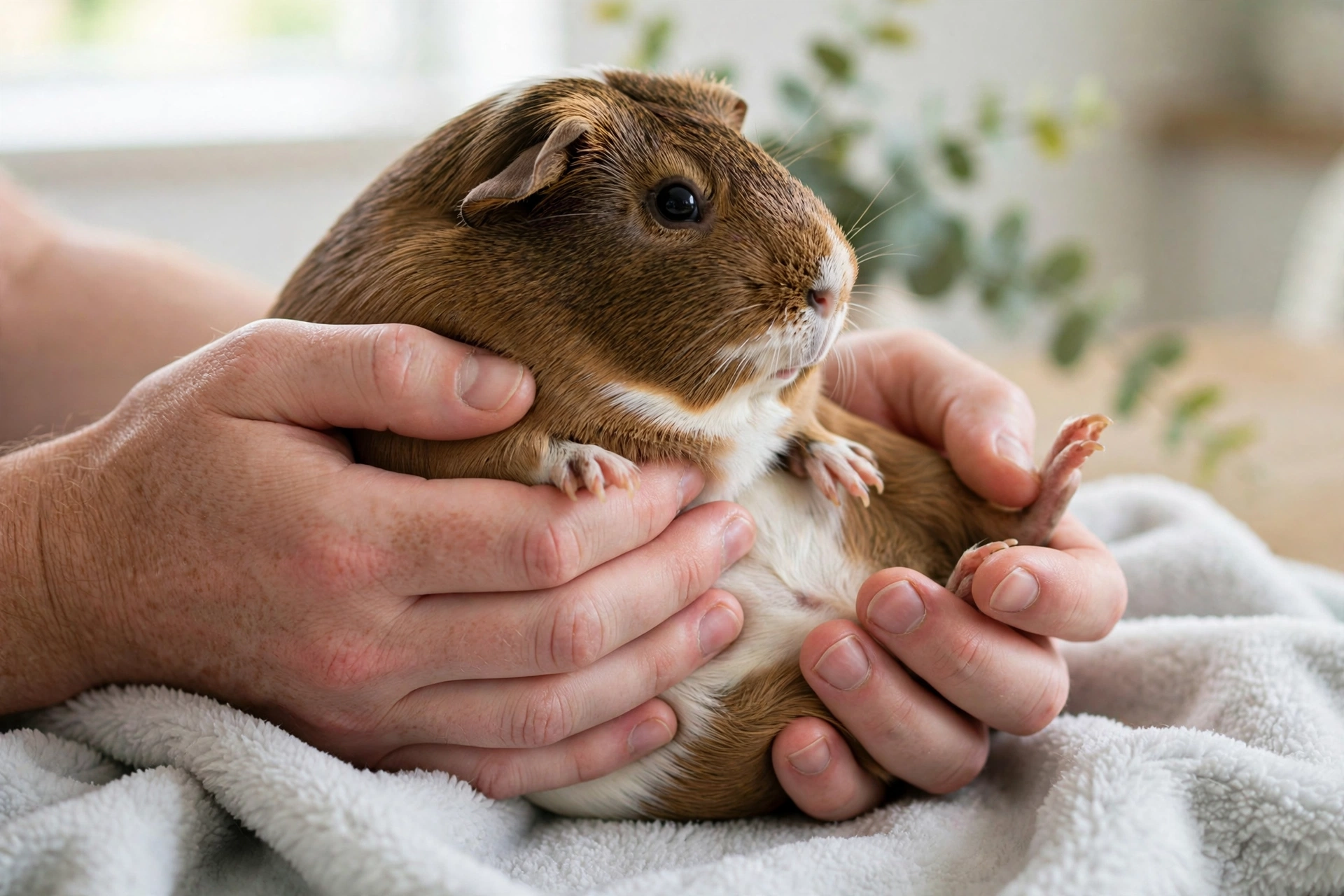 Two-hand scoop technique — hands supporting a guinea pig under the chest and hindquarters.